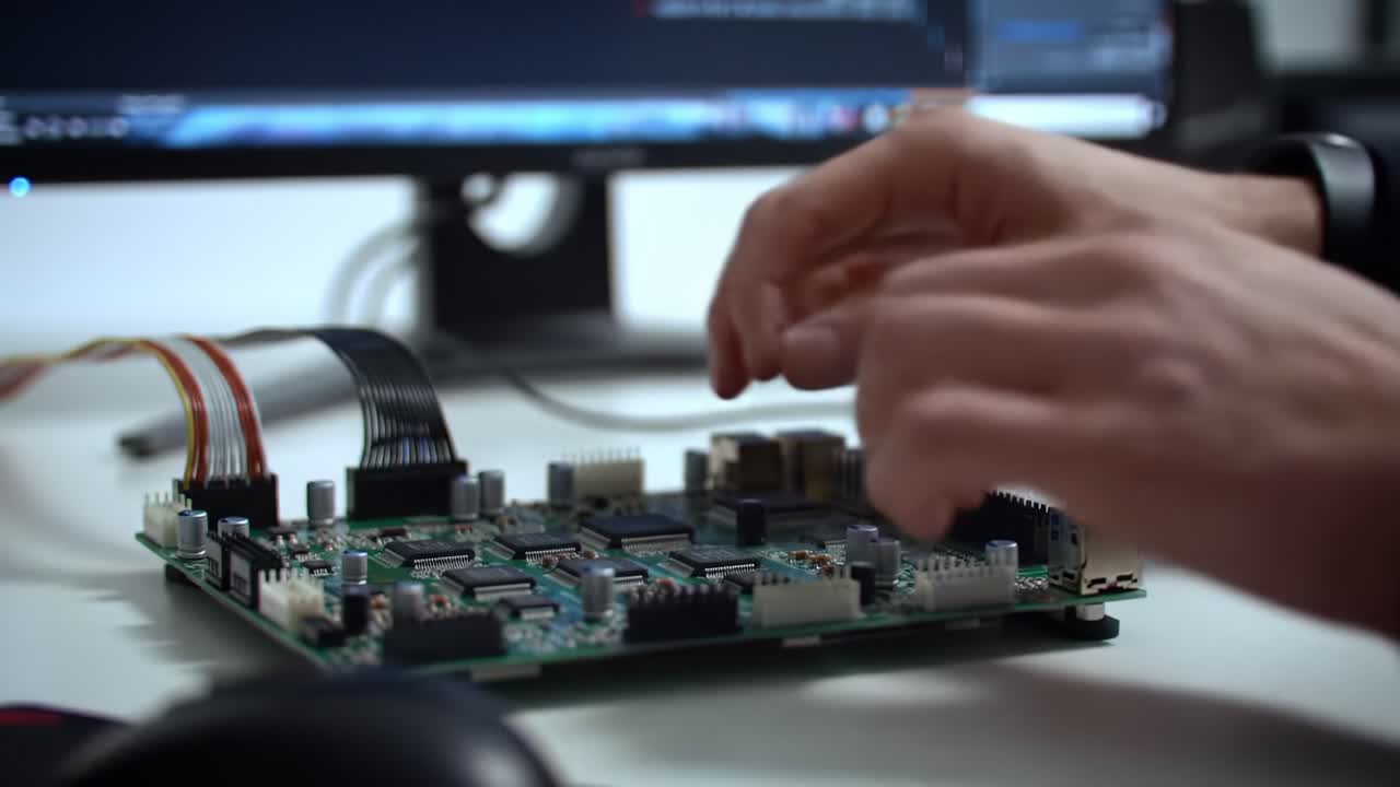 Hands Assembling a Circuit Board: A Close-Up Look at Electronics Development and Circuit Design in a Technological Workspace