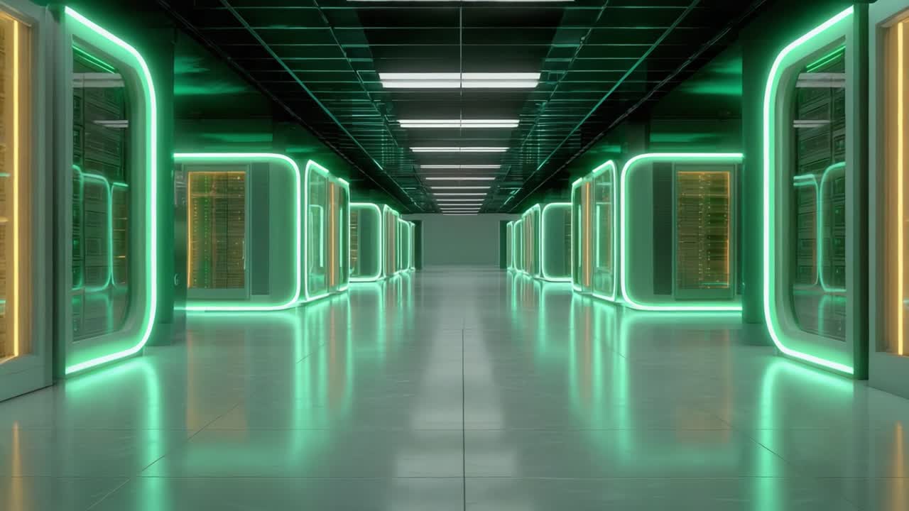 Un corridoio futuristico di un data center illuminato con luci verde neon, che mostra infrastrutture tecnologiche avanzate in un ambiente elegante e moderno