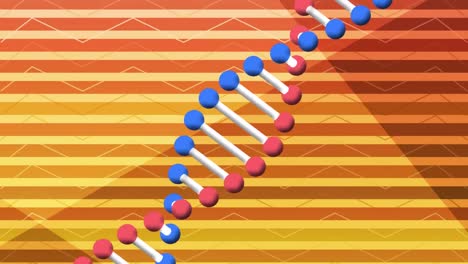 Animación-De-Una-Cadena-De-ADN-En-3D-Girando-Sobre-Un-Fondo-Rayado-Amarillo-Y-Naranja.