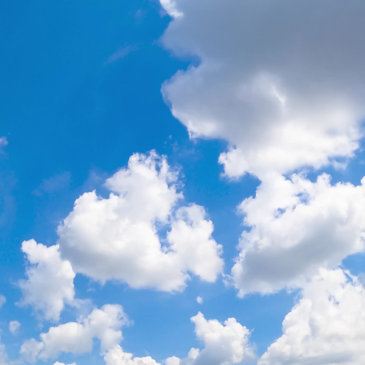 Bright summer sky with white soft clouds. Sun lighting the beautiful cloudscape. Low angle view. Timelapse