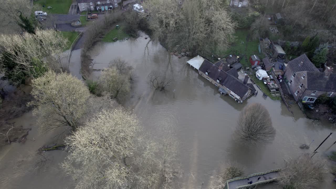Flooded fields and houses river Seven in Ironbridge England 2022