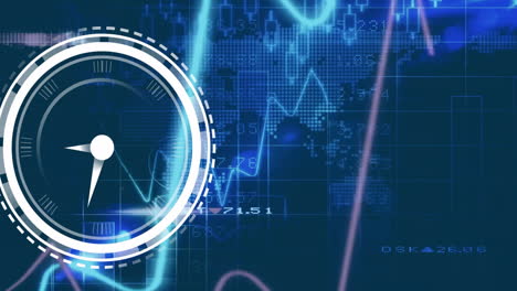 circular gauge and financial graphs animation over blue digital background