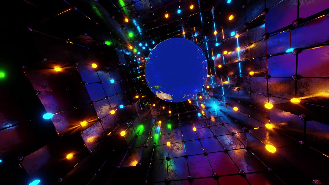el vuelo del planeta tierra a través de un túnel de neón brillando con luces de colores.