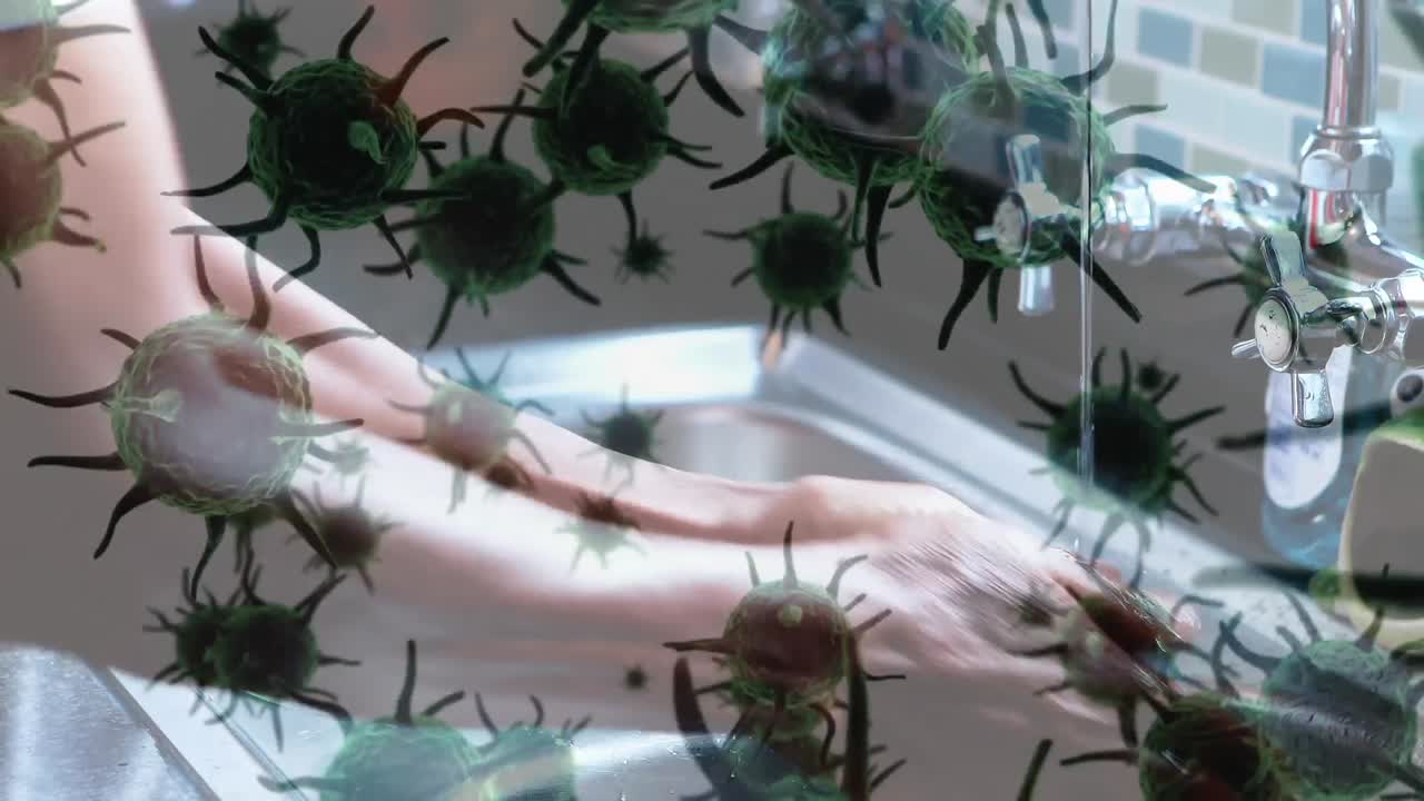 animación de células macro coronavirus covid-19 que se propagan sobre un hombre lavándose las manos en un fregadero