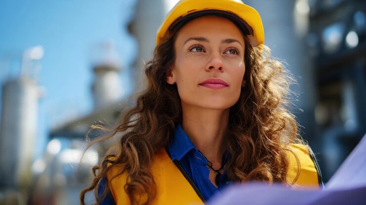 A determined female engineer in a yellow hard hat holds blueprints, showcasing her commitment and expertise in the industrial sector, set against a backdrop of a bustling facility filled with machinery and equipment