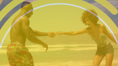 animación de una pareja afroamericana en la playa junto al mar sobre arcos púrpuras y blancos y tonalidad amarilla.