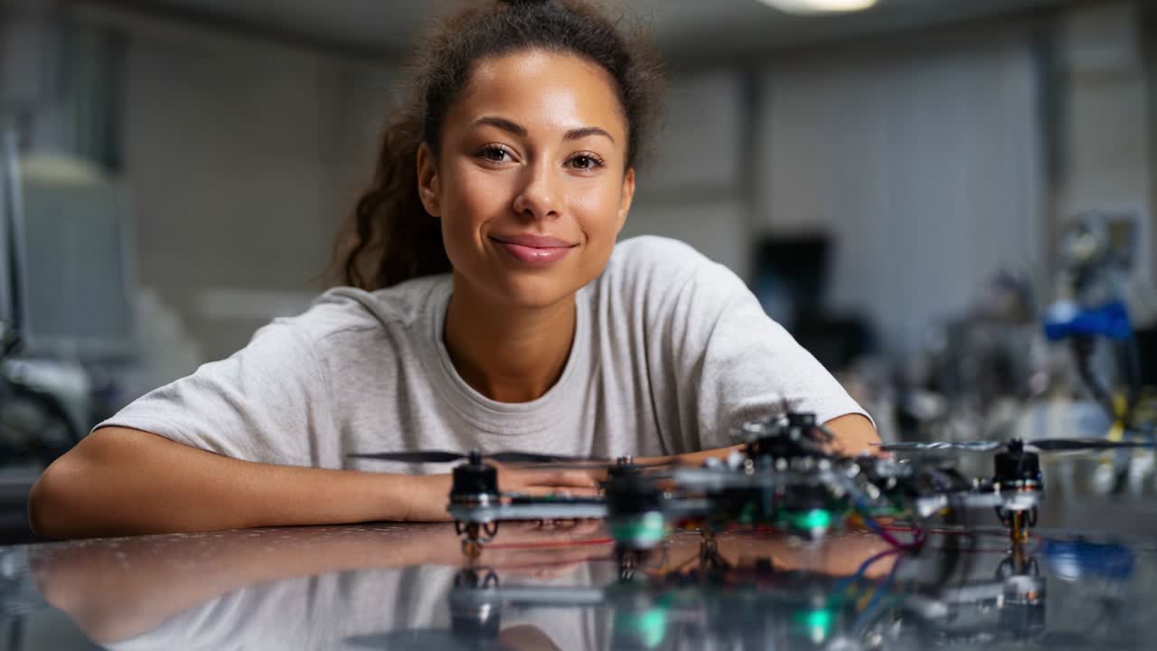 A Confident Engineer in a Robotics Lab Showcases Her Innovative Drone Design: A Young Woman Enthusiastically Poses with Her Custom-Made Quadrotor Drone, Emphasizing Technology, Passion, and Future Innovation