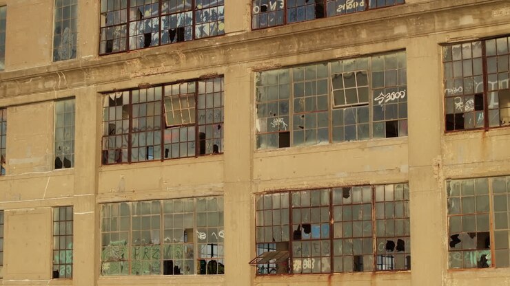 Aerial view of the exterior of an abandoned warehouse at sunset.