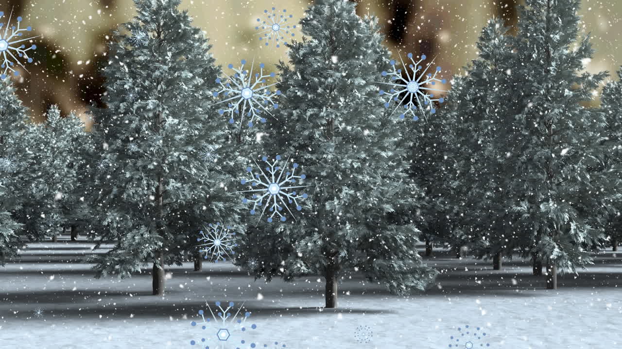 animación de la nieve cayendo en navidad sobre los árboles de abeto