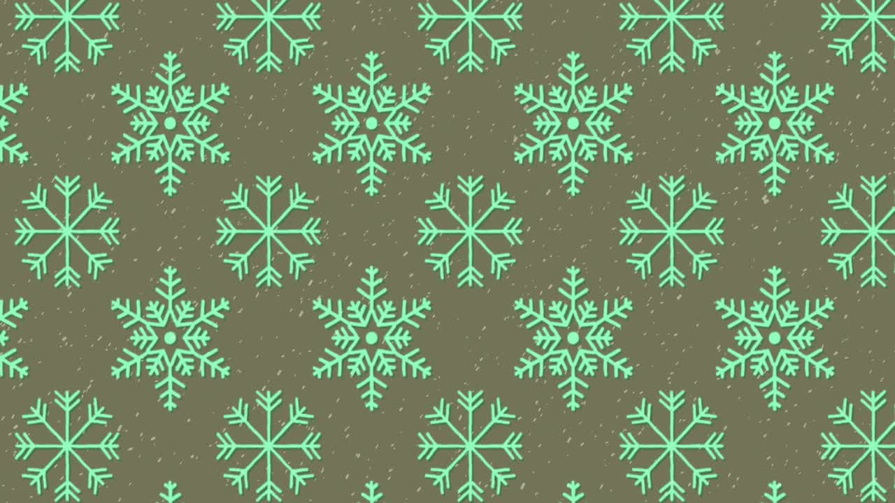 Animation of snowflakes icons in seamless pattern and white particles against grey background