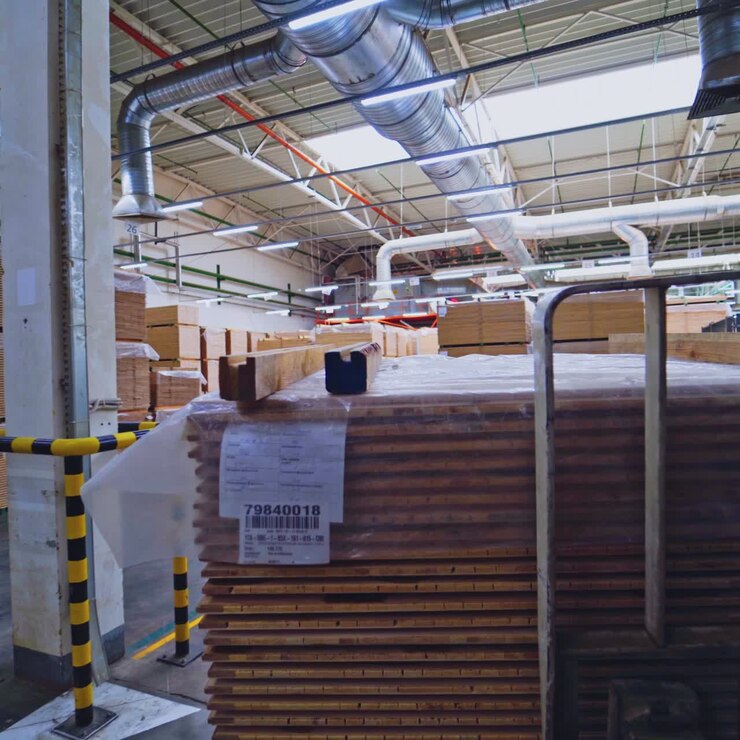 Interior of parquet warehouse. Forklift carrying wooden boards. Stacks of laminate panels inside the plant. Furniture production.