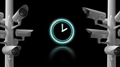 animation of clock moving fast and cameras recording on black background.