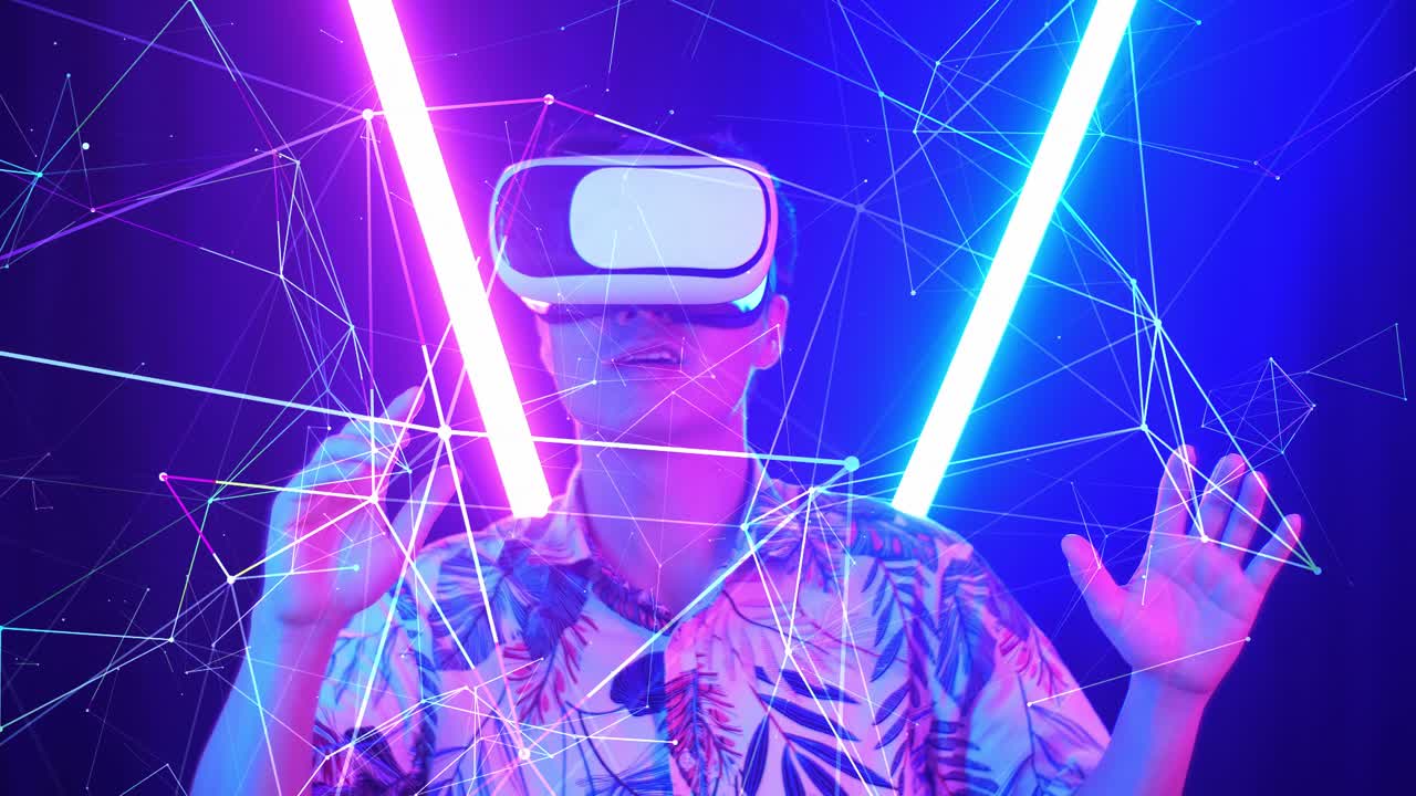 네온 조명으로 가상 현실을 경험하는 사람