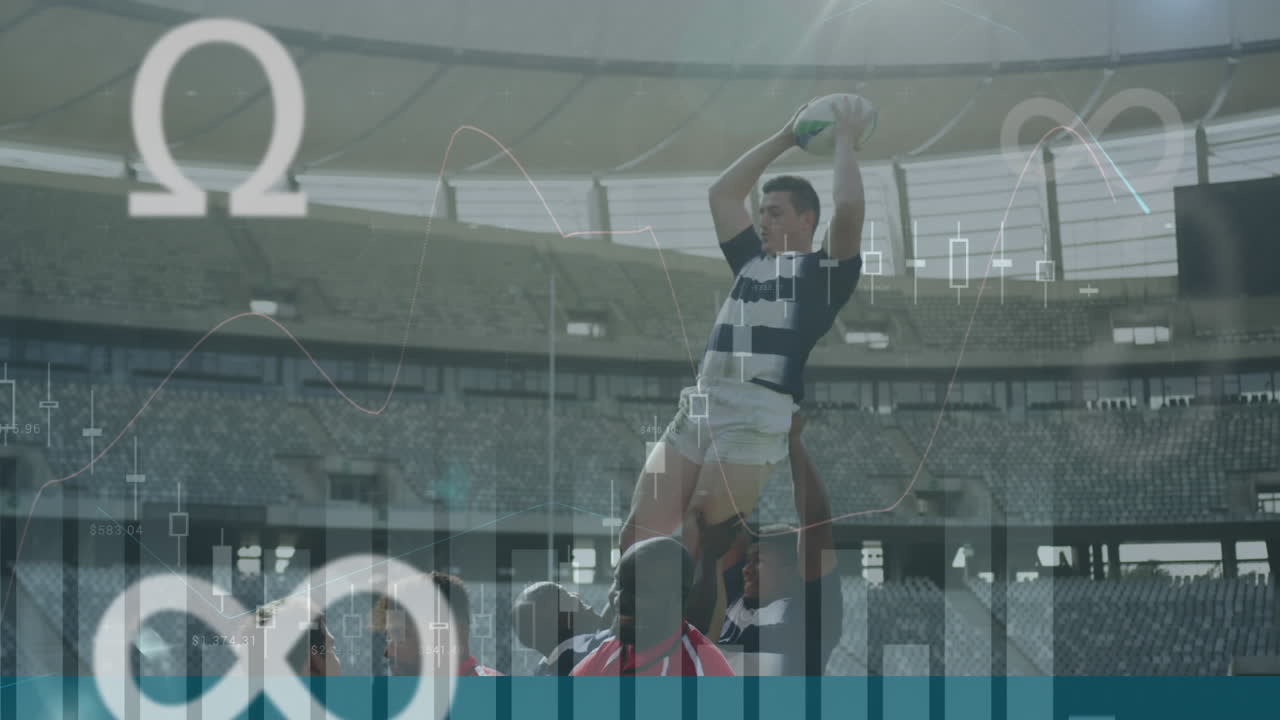 símbolos matemáticos animados y gráficos superponen equipos de rugby multiétnicos en acción.