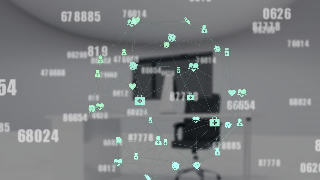 변하는 숫자의 애니메이션, 연결된 아이콘, 공허한 사무실 위의 지구