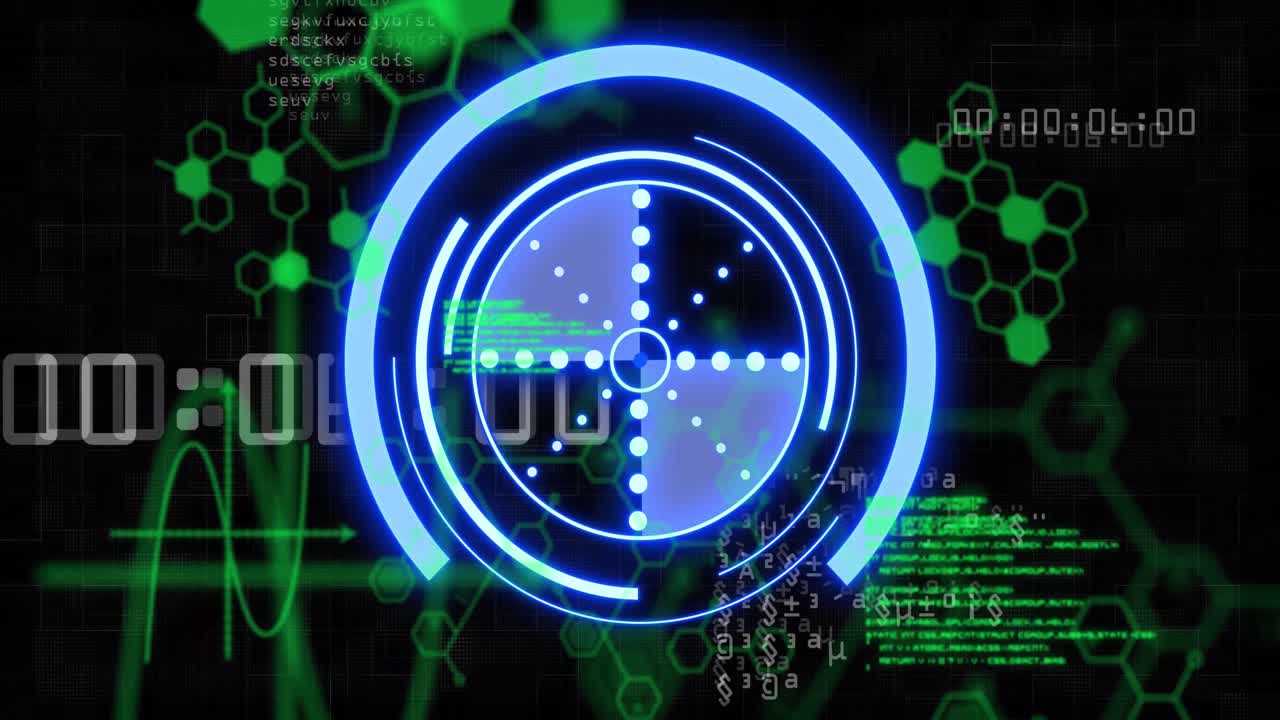 검은색 배경에 데이터와 육각형이 있는 파란색 원의 애니메이션