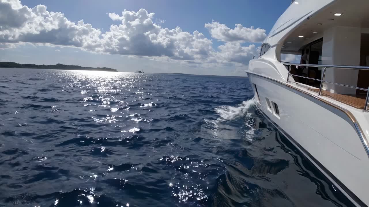 A dynamic video captures a yacht cruising through the ocean, with a low-angle view highlighting
