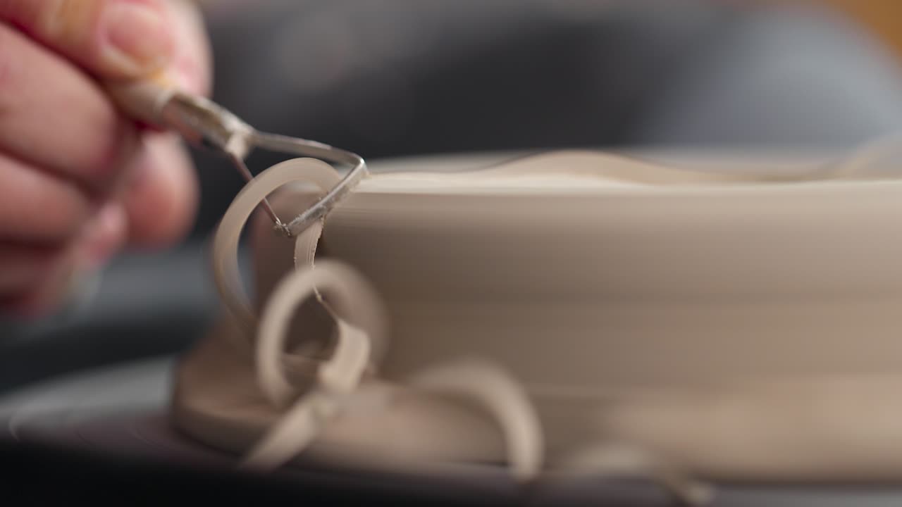 primer plano de las manos de la mujer que dan forma a la pieza de trabajo con una herramienta en un estudio de cerámica. virutas de arcilla. cámara lenta