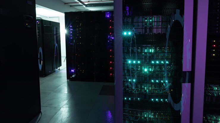 Animation of moving circles forming tunnel over illuminated server room in background