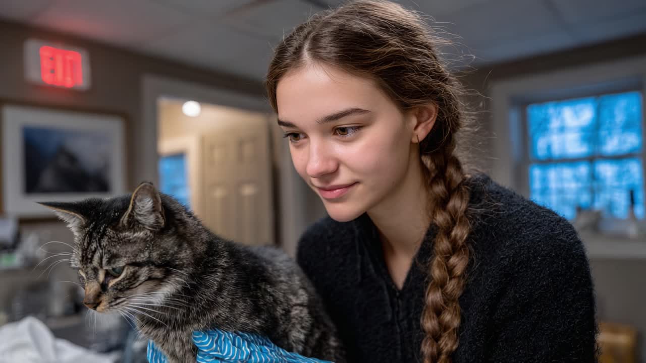 A young girl gently holds her striped cat close while displaying a warm expression of affection in a cozy indoor setting, showcasing the bond between them