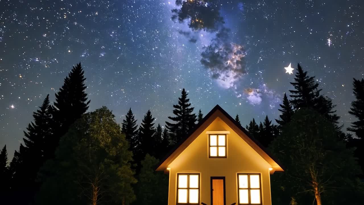 una cabaña acogedora bajo un cielo estrellado.