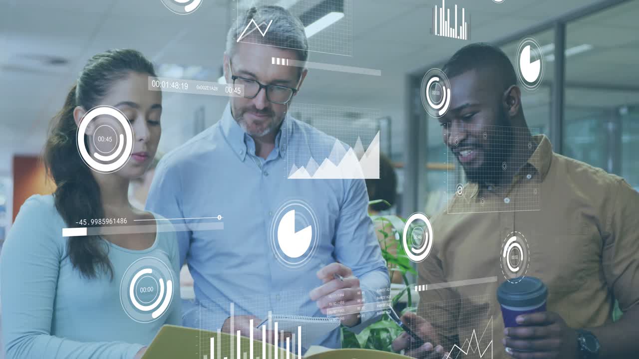 woman flipping yellow binder causing data graphs rising around team analyzing business metrics