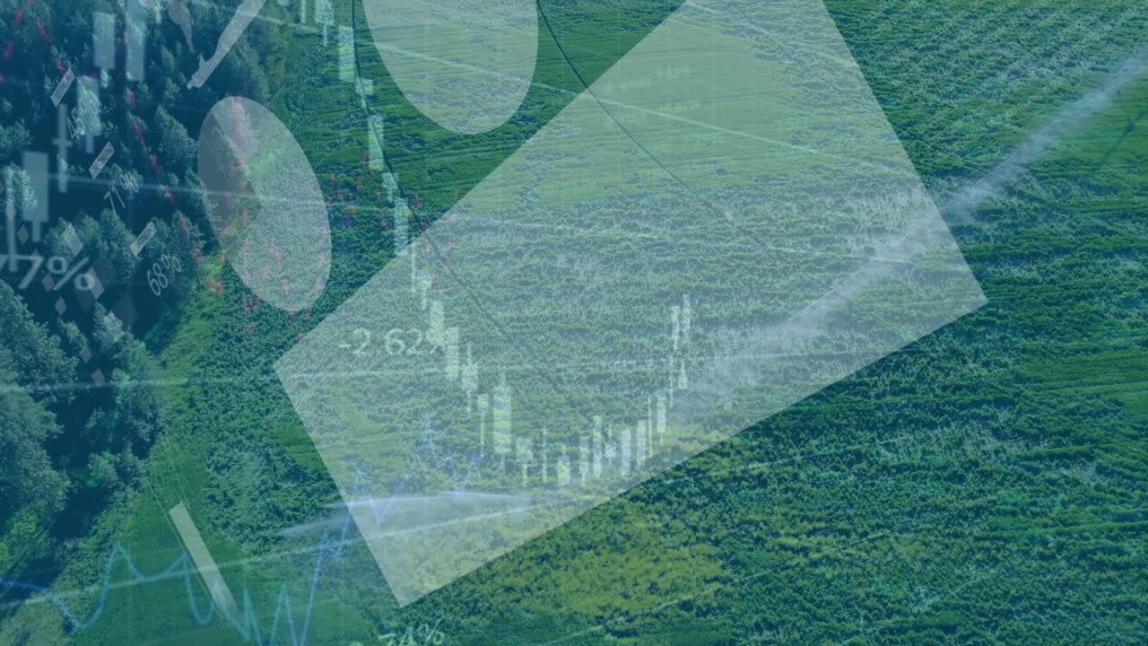 Data visualization overlay expanding across crop field, showing pie charts, bar chart, line graphs