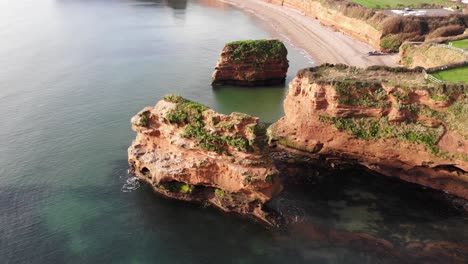 Aerial-View-Of-Sea-Cliff-Stacks-At-Ladram-Bay