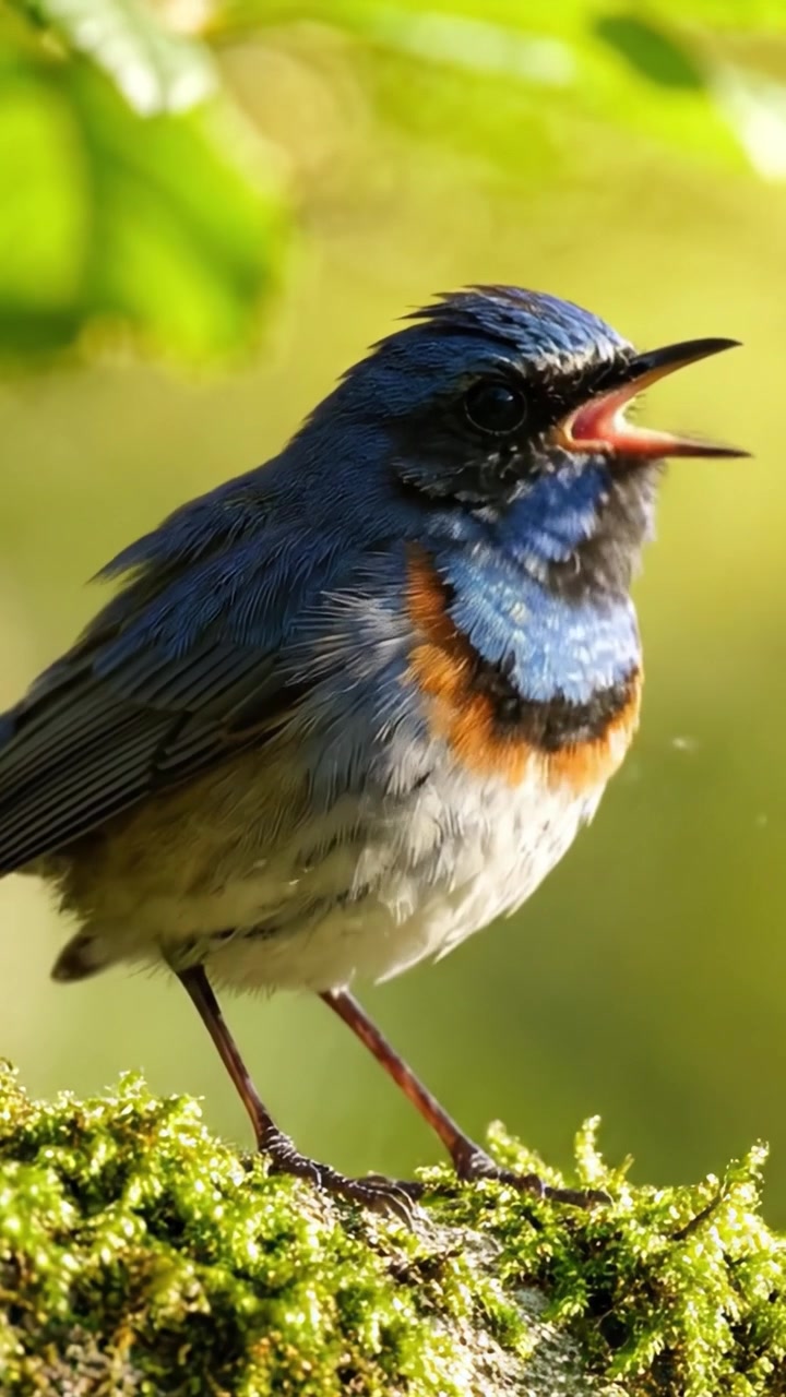 Affascinante Uccello Canoro dal Cappuccio Blu Appollaiato su Muschio Verde Lussureggiante in un Habitat Naturale Illuminato dal Sole, Che Mostra il Suo Piumaggio Vívido e la Sua Postura Aggraziata