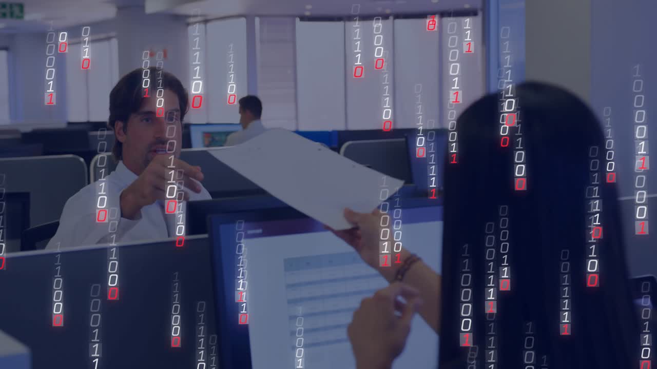Woman handing printed document to seated man in business office, with floating chart overlays