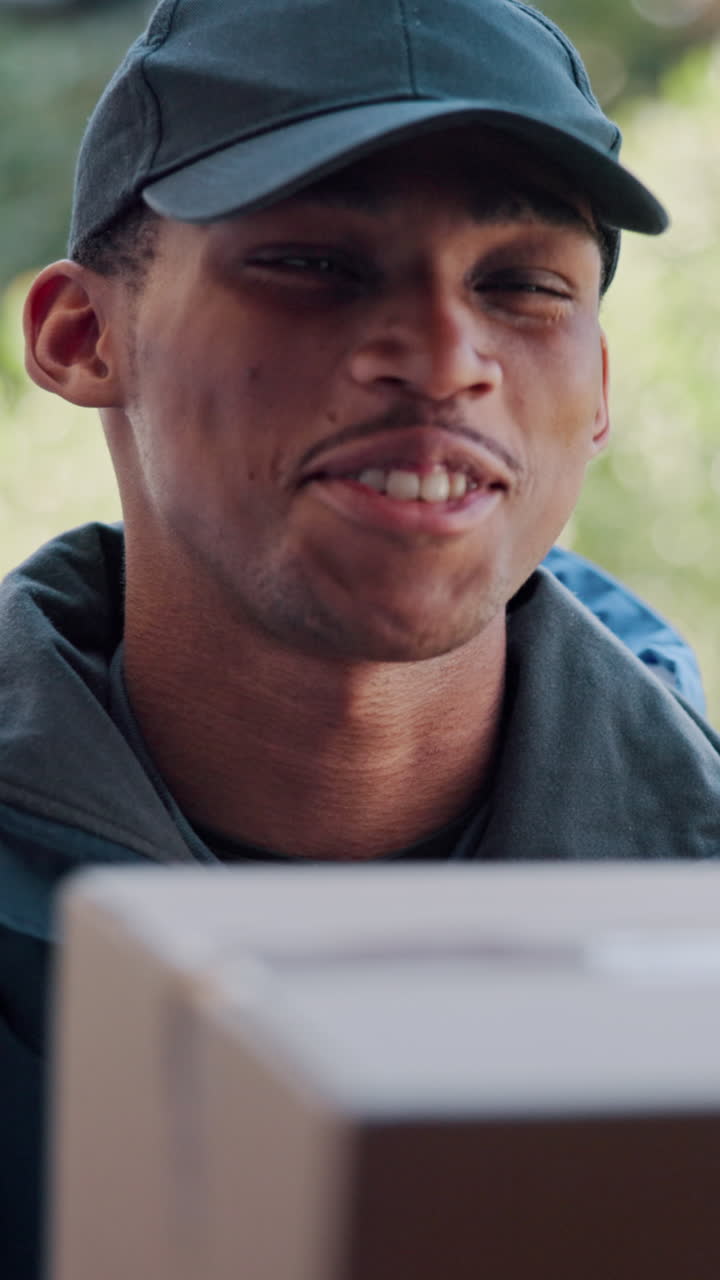 Primer plano de repartidor sonriente con paquete