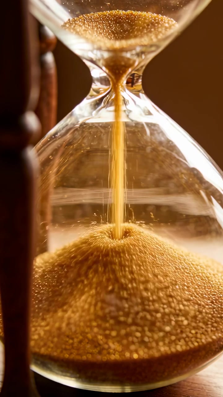 Vertical video: Pouring hourglass spilling golden sand down narrow neck on wood table, marking time
