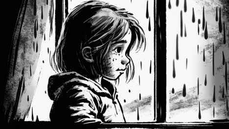 animation of lonely child looking a window while it is raining