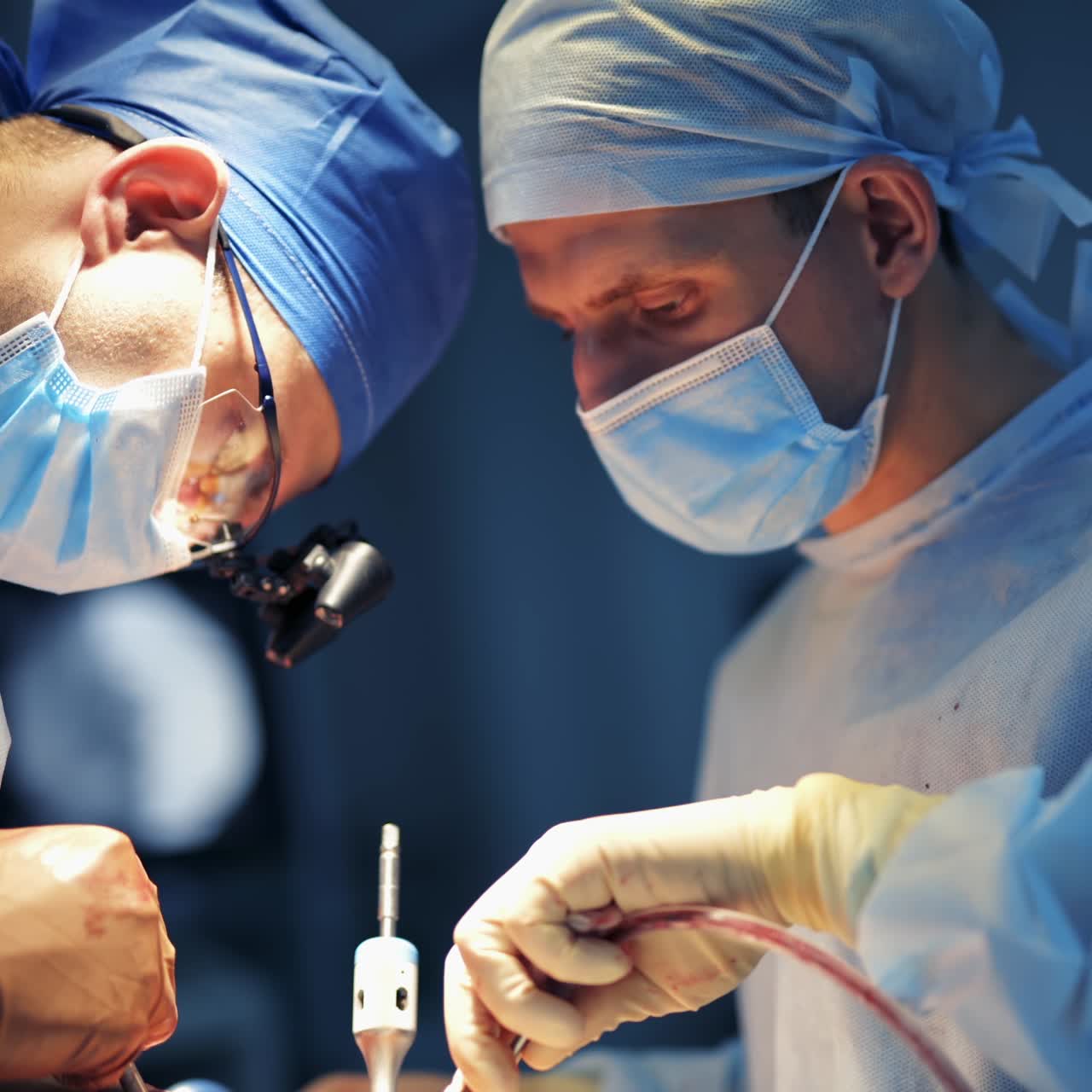 Two professional neurosurgeons with special instruments in hands operate patient in modern clinic. Unrecognizible medics in scrubs