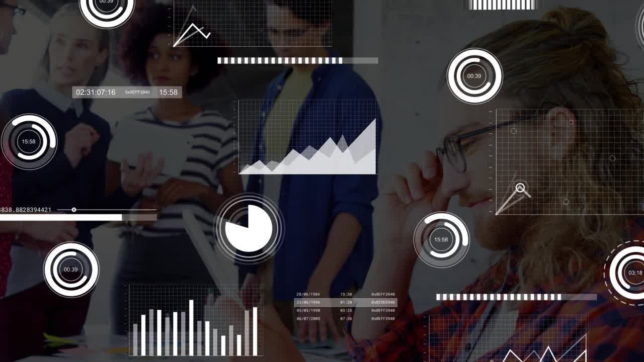Team leaning, gesturing toward notes, driving business plan with tablet as HUD highlighting charts
