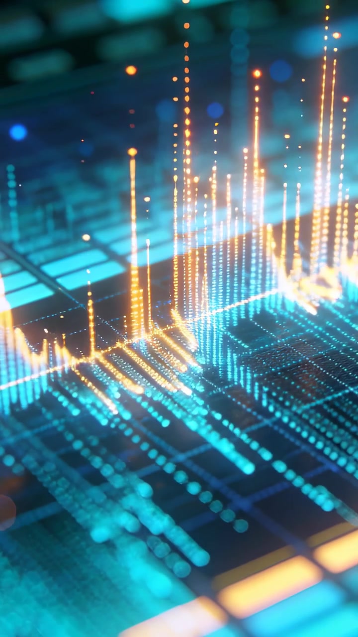 Vertical video: Streaming data driving screen pulsing on grid, cyan waveform and amber bars rising