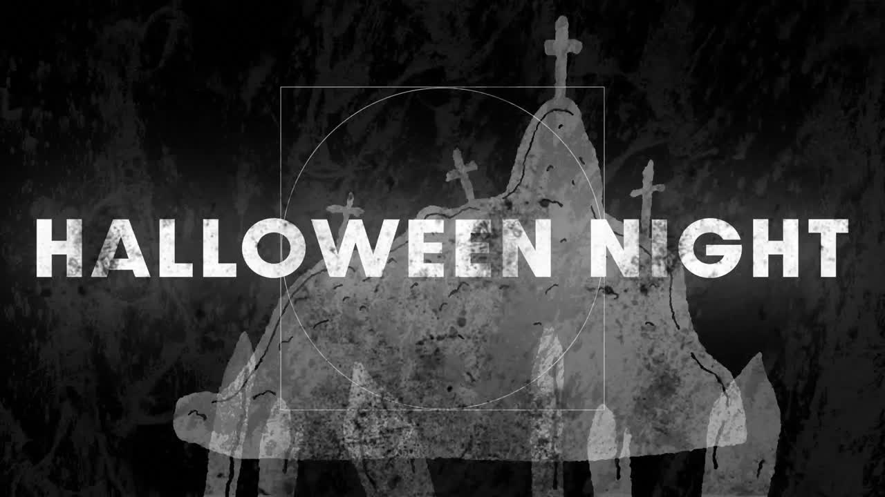 animación del texto de la noche de halloween sobre el cementerio sobre un fondo oscuro