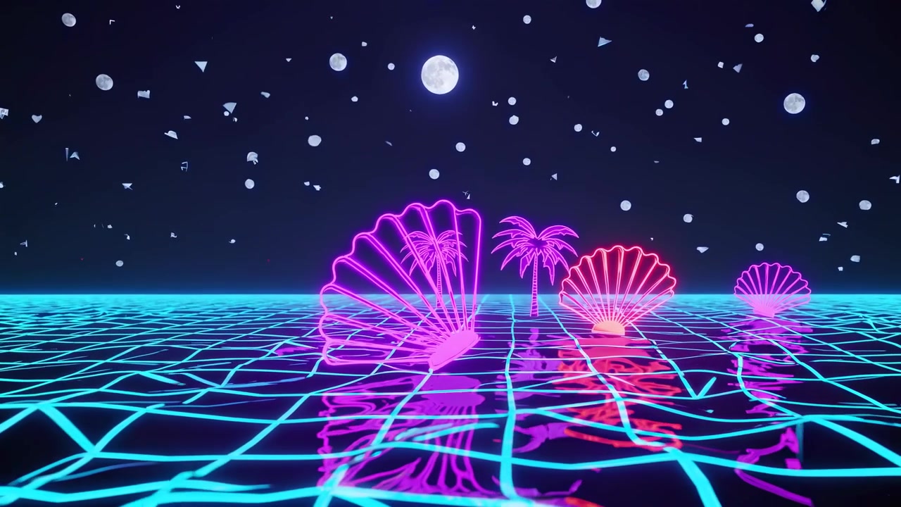 Paesaggio retro synthwave con palme al neon e conchiglie