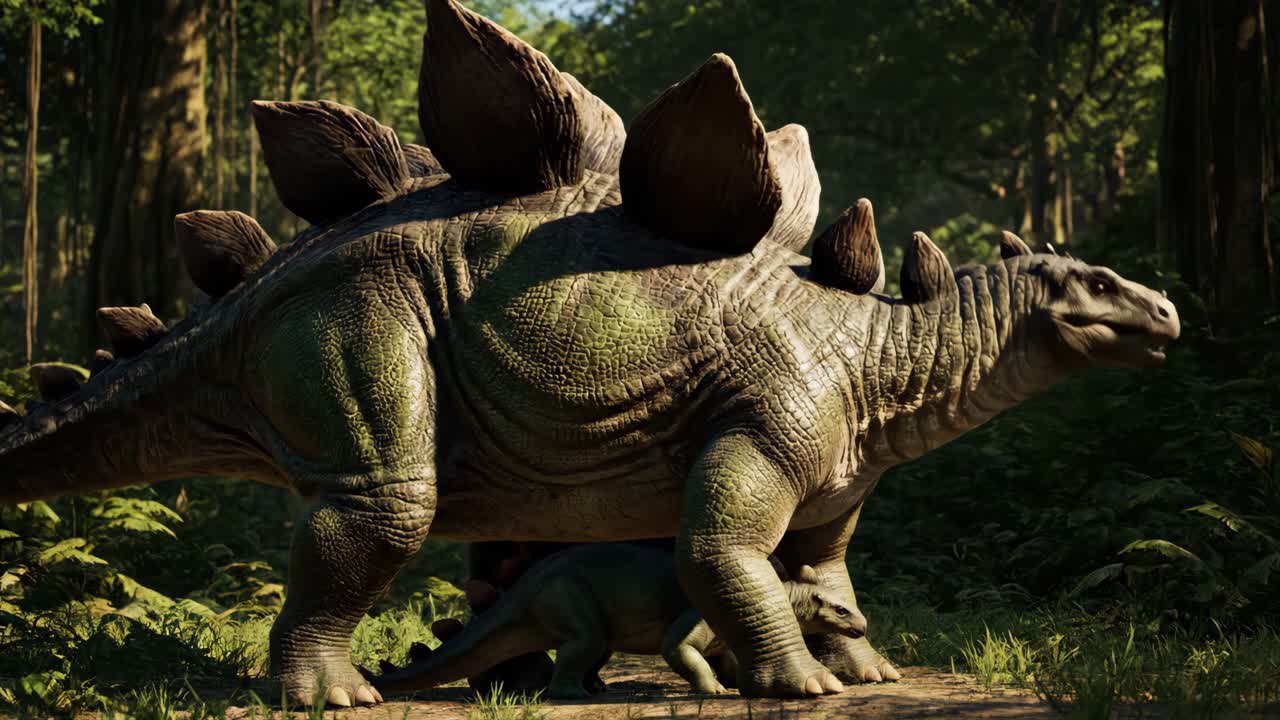 Stegosaurus and Baby in the Jungle