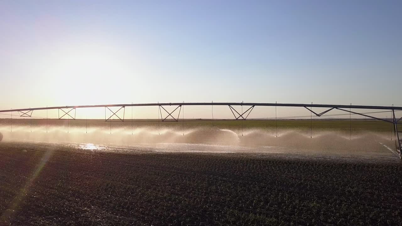 Backlit golden evening irrigation pivot malfunction spraying water