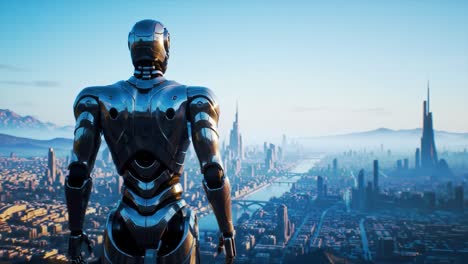 a futuristic robot stands overlooking a vast cityscape, highlighting the contrast between nature and technology in a dystopian yet beautiful environment