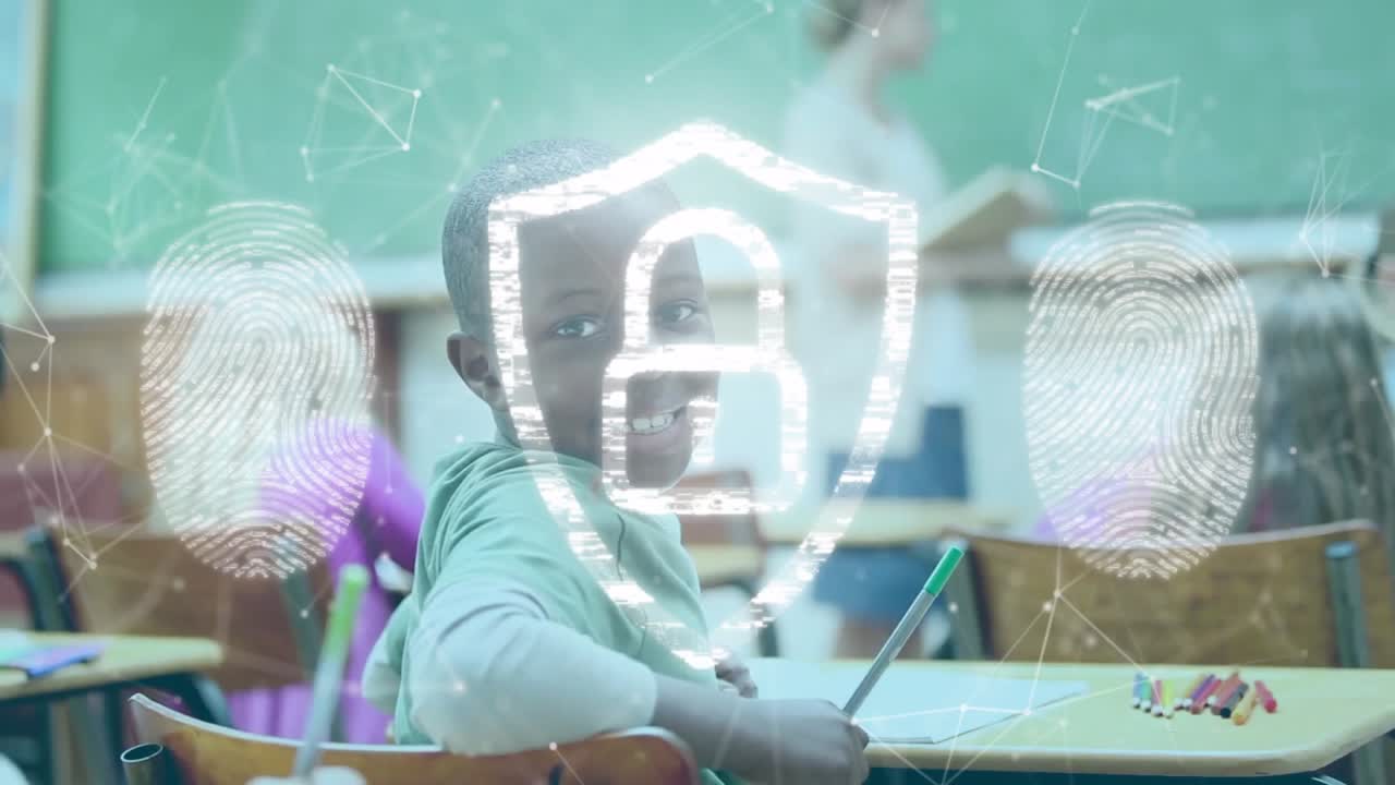 School boy writing while glitch sweeping showing fingerprint icons and padlock swirling