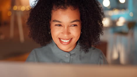 night, happy and computer with woman in office