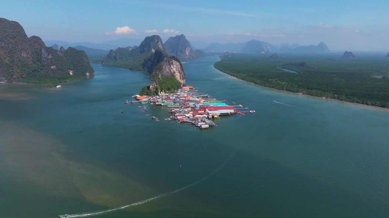 Panoramic View Over Ko Panyi (Koh Panyee) Fishing Village In Phang Nga Province, Thailand - Drone Shot