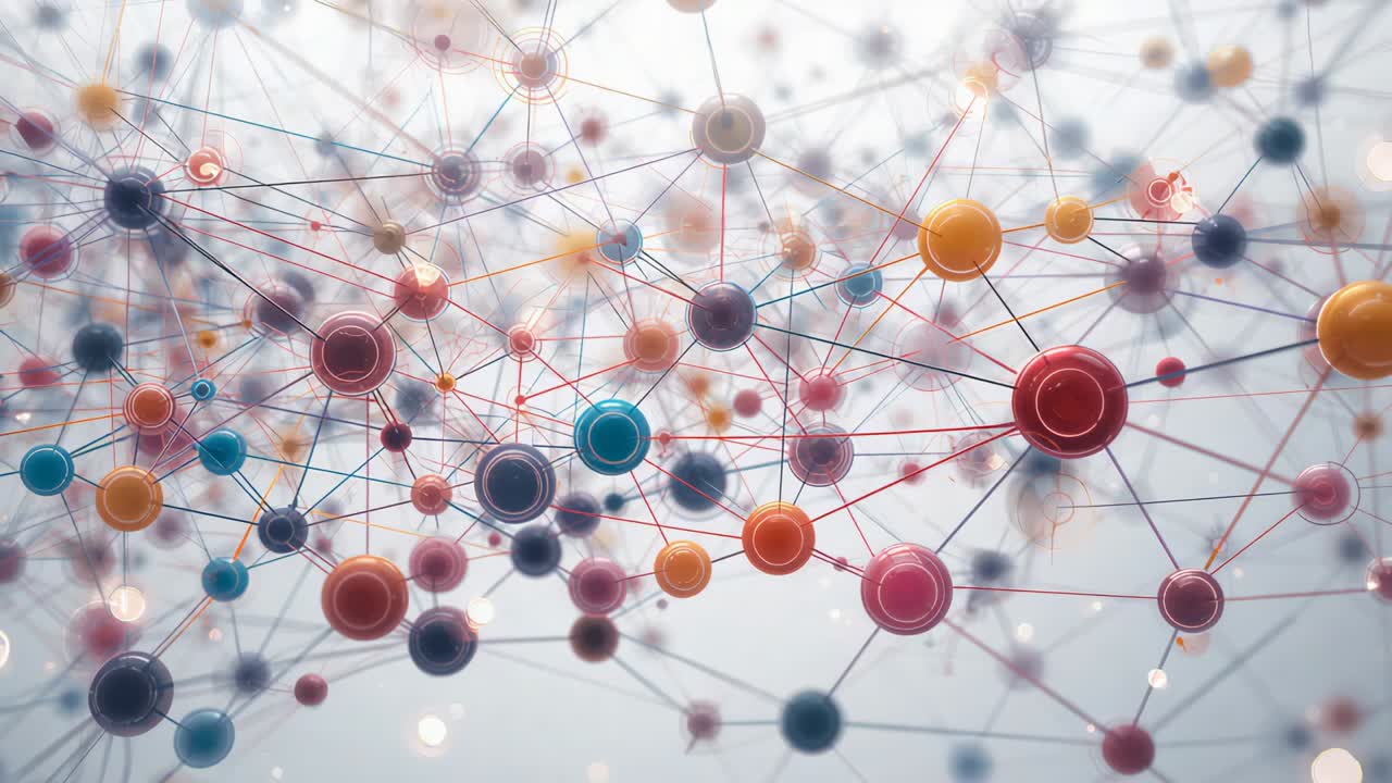 Shifting camera revealing colored spherical nodes and lines in pale space, showing signal flow