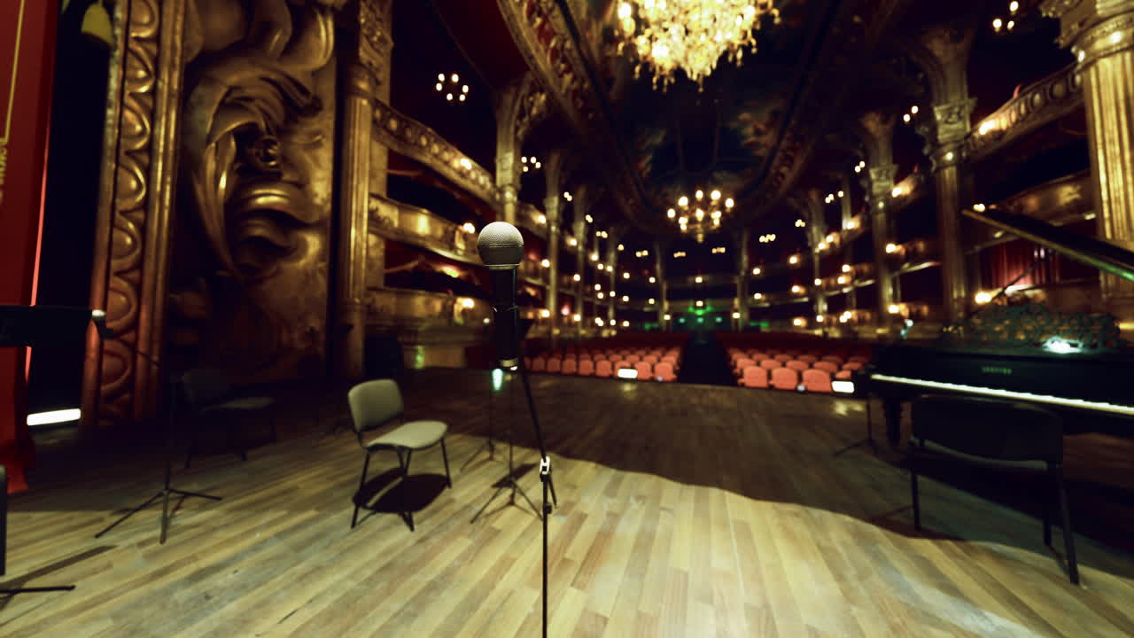 Elegante interno di teatro con allestimento di microfono e pianoforte per una performance.