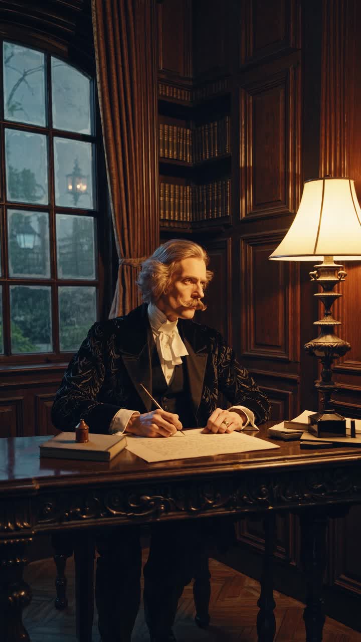 Elegant Man in Period Clothing Writing with a Quill Pen at a Desk