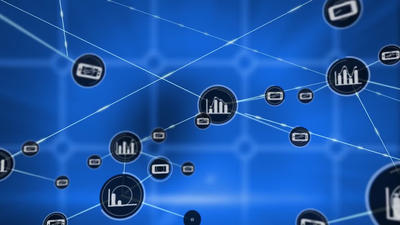 animación de una red de iconos digitales contra un diseño de patrón de forma cuadrada sobre fondo azul