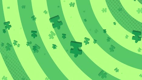 animación de piezas de rompecabezas verdes sobre rayas giratorias verdes de fondo
