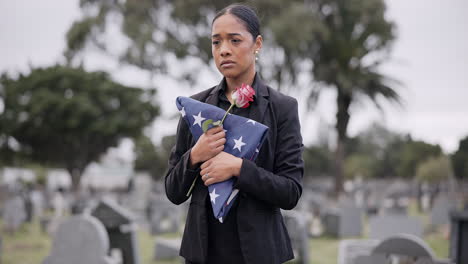 Funeral,-rose-and-American-flag-with-a-woman